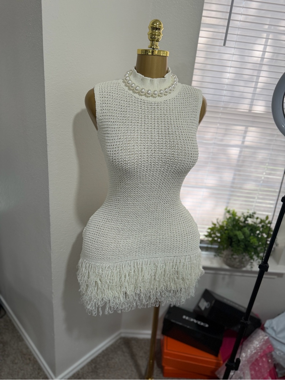 Ivory Crochet Fringe Mini Dress with Pearl Collar